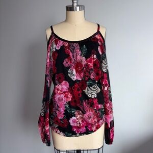 INC International Concepts Floral Cold Shoulder Blouse - Black and Red